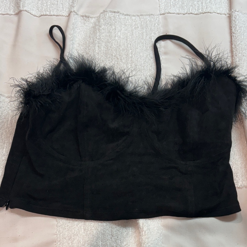 Klassy Network Black Feather Trim Crop Top